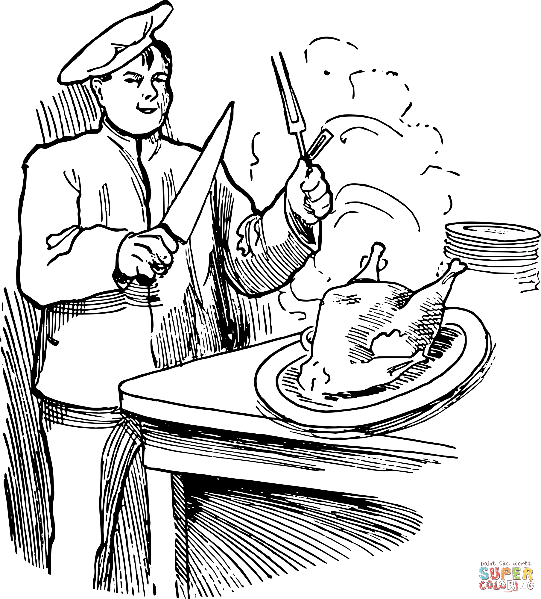 Vintage chef and turkey coloring page free printable coloring pages