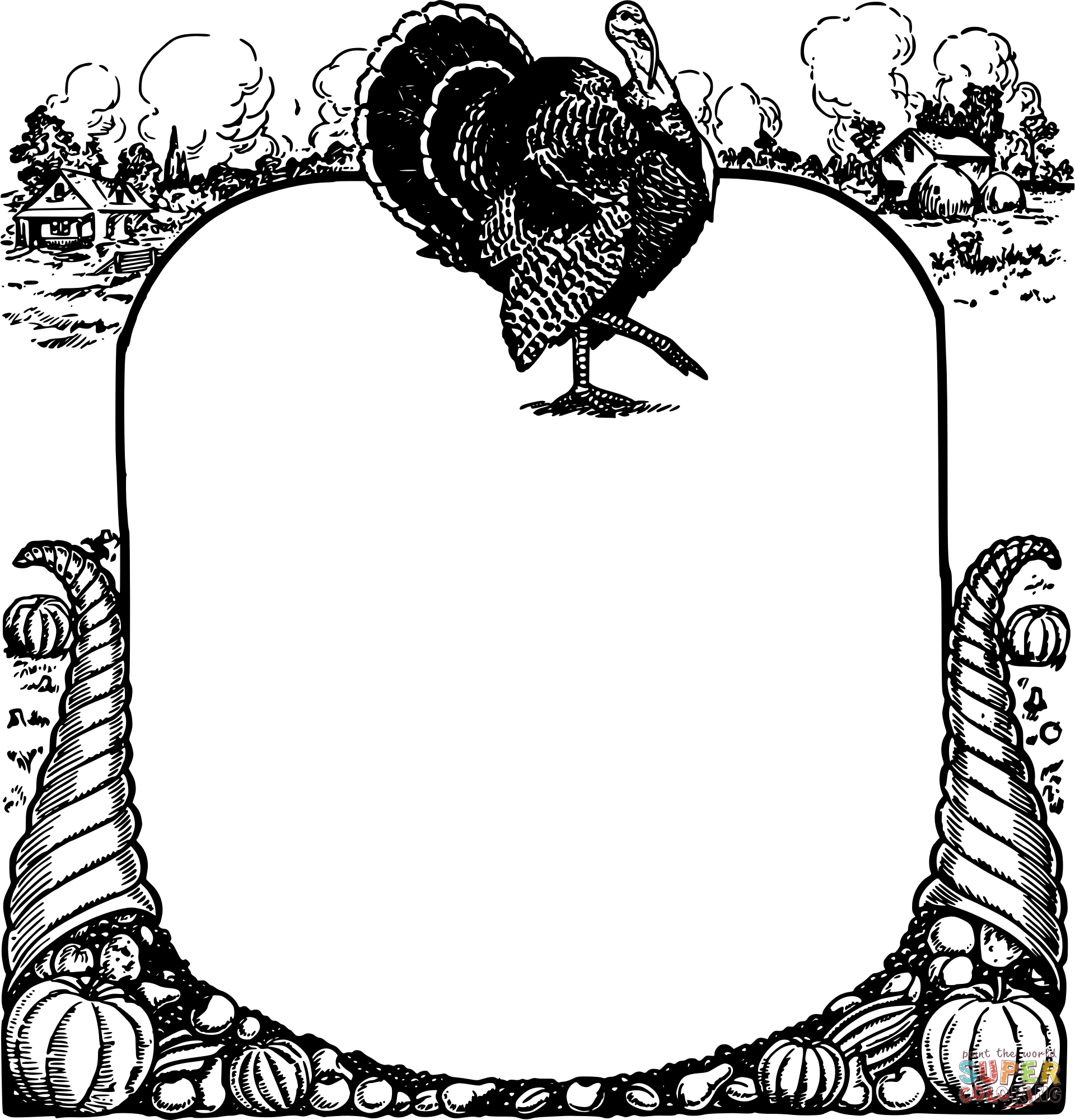 Vintage thanksgiving turkey frame coloring page free printable coloring pages