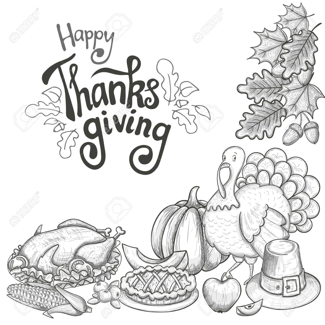 Corner frame with thanksgiving icons sketch style thanksgiving day greeting card vintage thanksgiving food leaves and turkey thanksgiving day drawing background for decoration vector royalty free svg cliparts vectors and stock illustration
