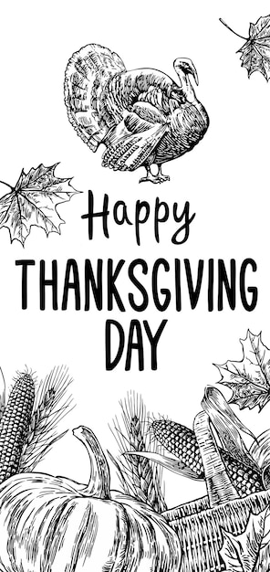 Premium vector hand drawn thanksgiving day with leaves pumpkin corn cob turkey ear and spica on white background vector vintage illustration for greeting card