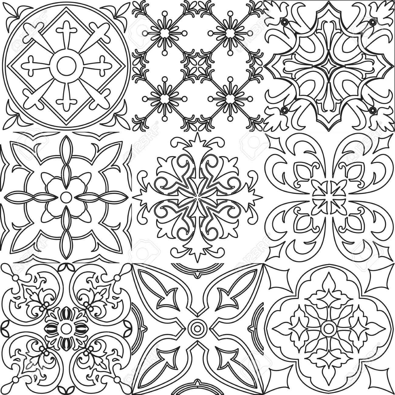 Big vector set of black and white tiles background for coloring pages backgrounds decoration for your design page fill and more royalty free svg cliparts vectors and stock illustration image
