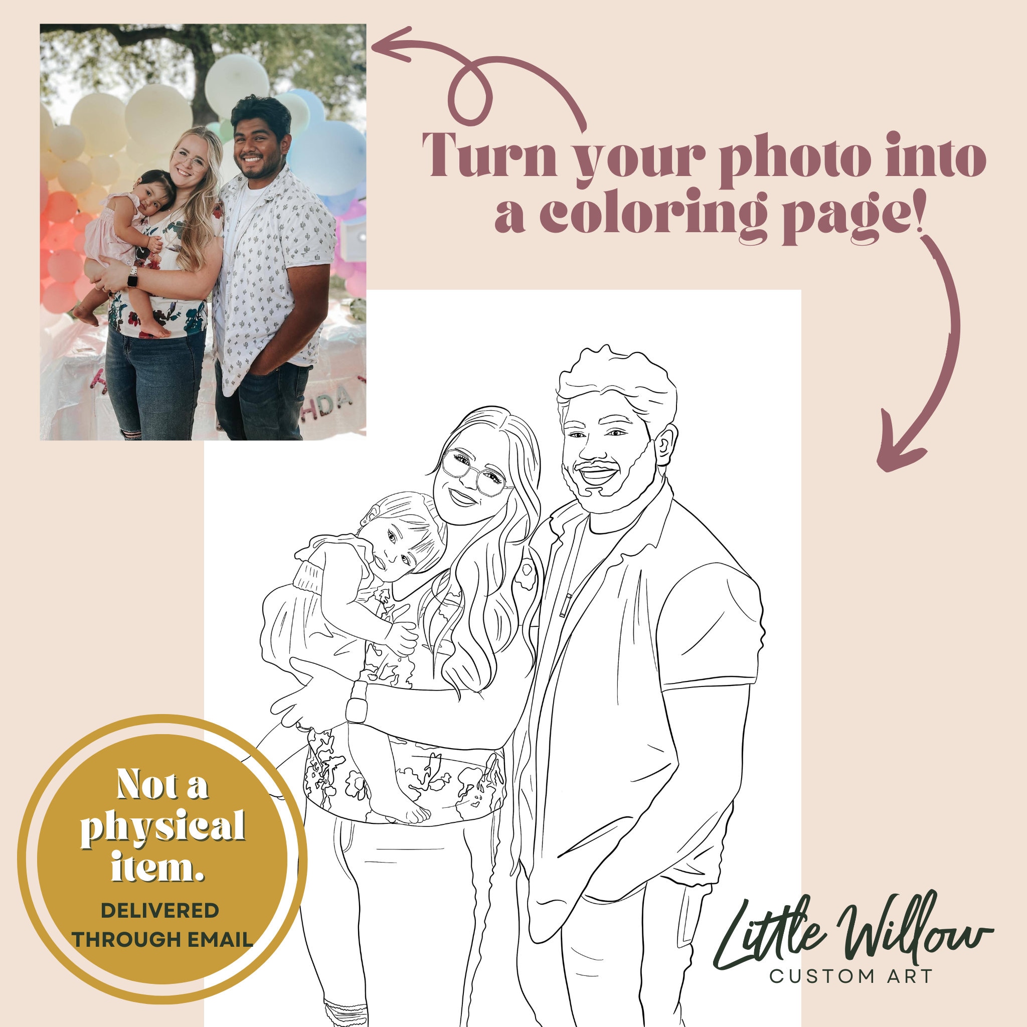 Custom coloring page email photos turn them into coloring pages personalized coloring page digital delivery google drive kids gift idea