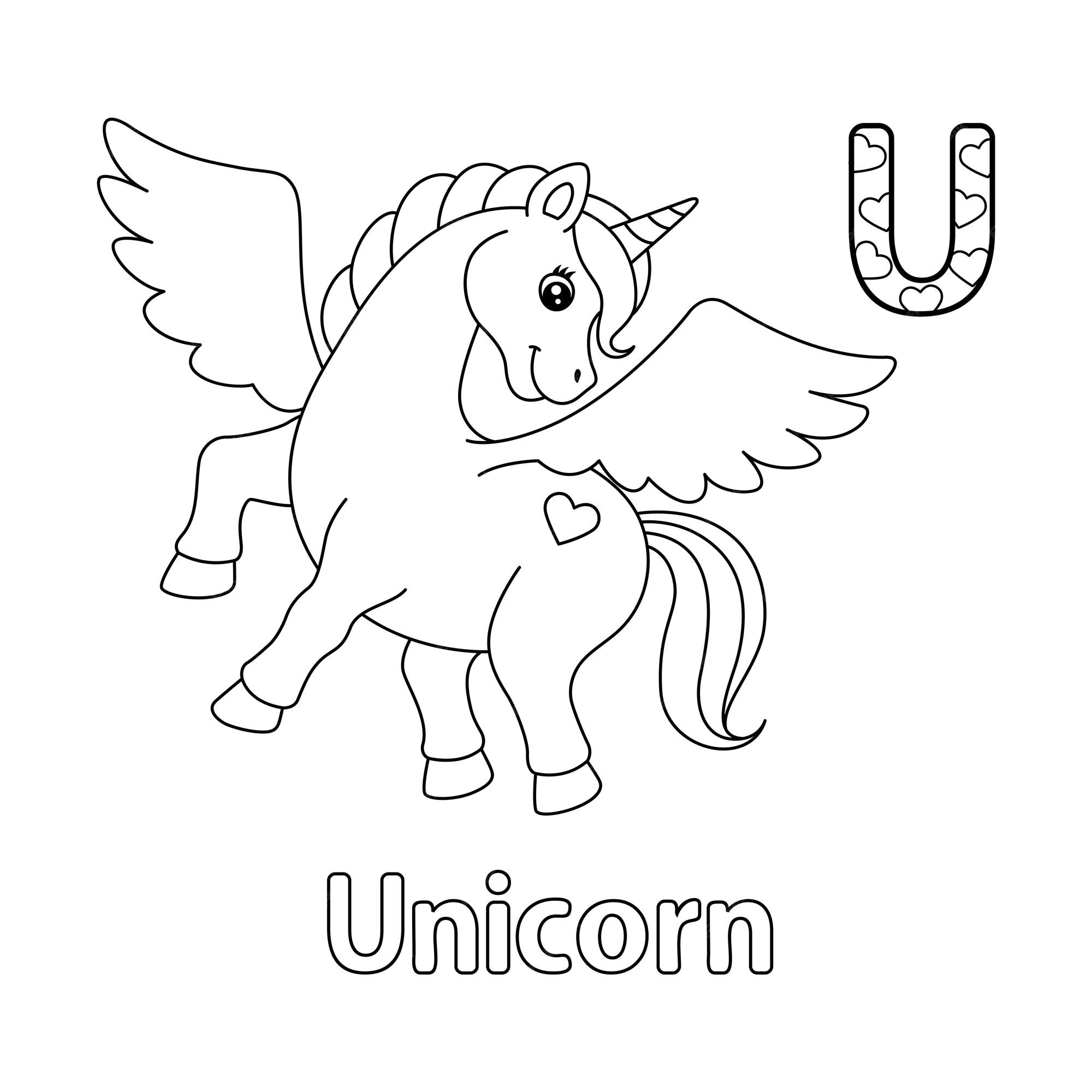 Premium vector flying unicorn alphabet abc coloring page u
