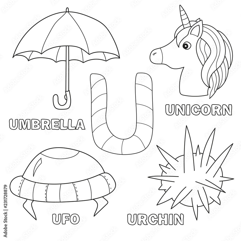 Kids alphabet coloring book page with outlined clip arts letter u