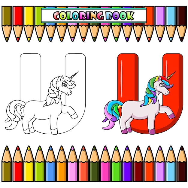 Premium vector coloring book illustration of u letter for unicorn