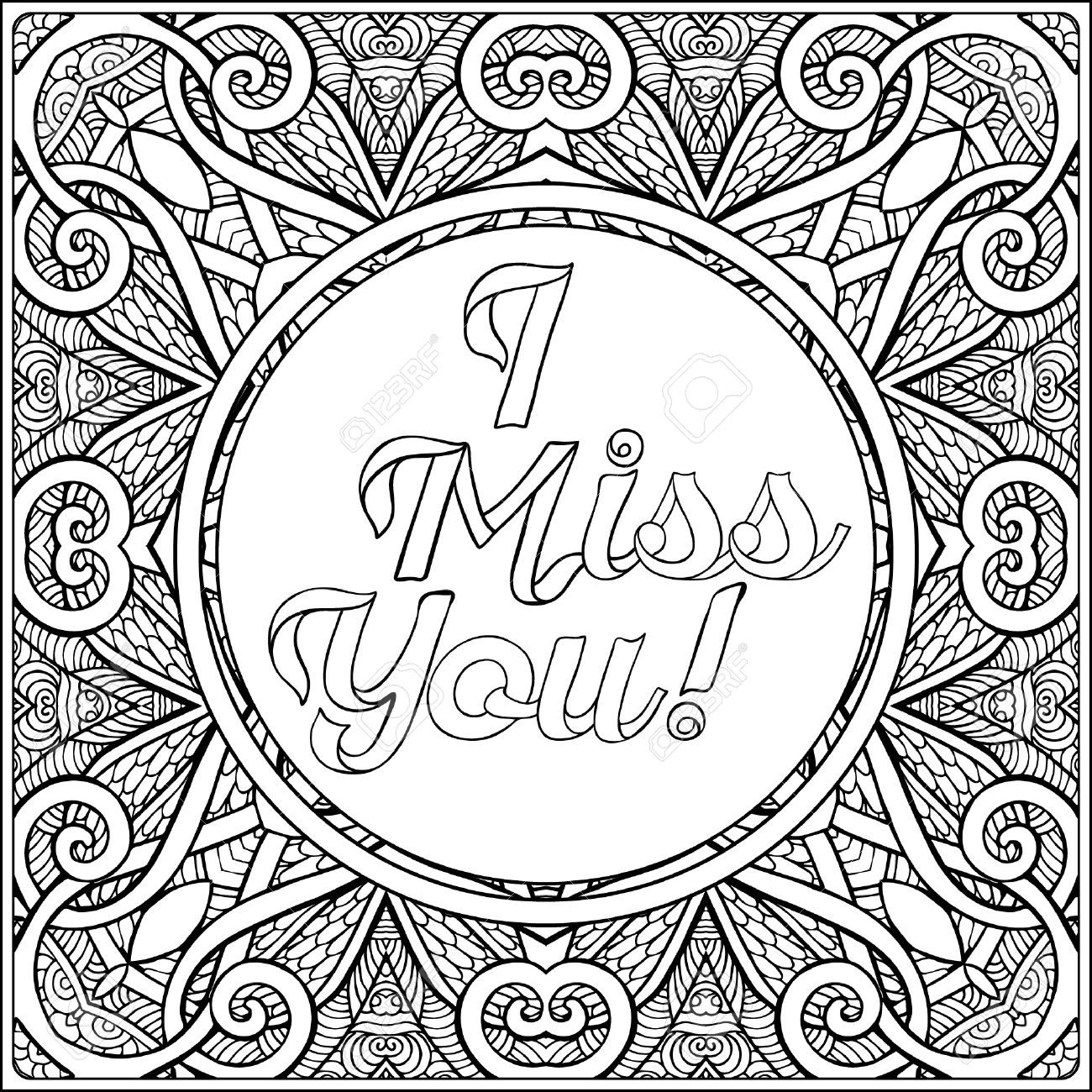 I miss you lettering coloring page with message on vintage pattern background adult coloring book outline drawing vector illustration royalty free svg cliparts vectors and stock illustration image