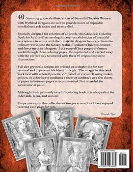 Beautiful warrior women with mythical dragons grayscale coloring book for adults highly