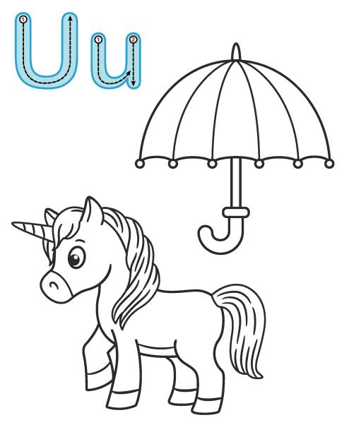 Letter u unicorn umbrella vector coloring book alphabet printable coloring page for kindergarten and preschool stock illustration