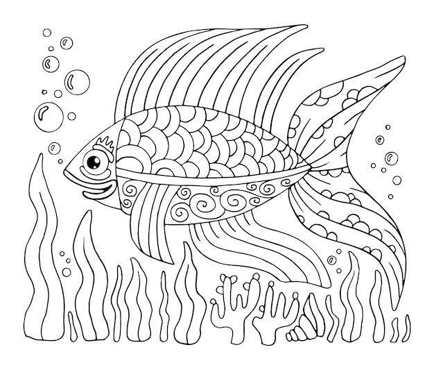 Premium vector coloring page fish sea animal doodle coral reef hand drawn underwater ocean dweller coloring book
