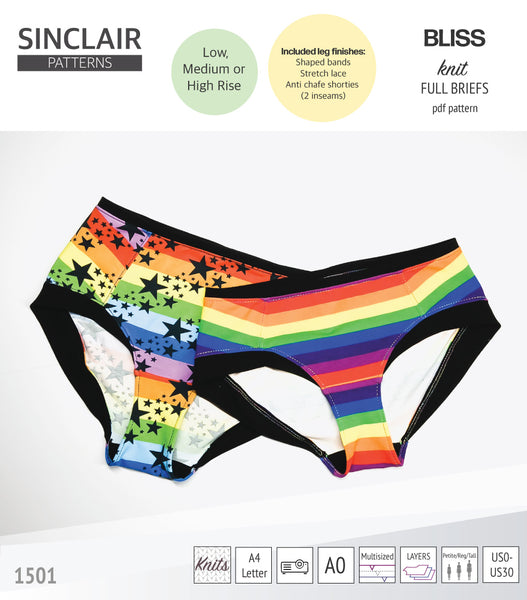 Bliss full briefs with low medium and high rise options and anti chafe shorties pdf sewing pattern for women pdf