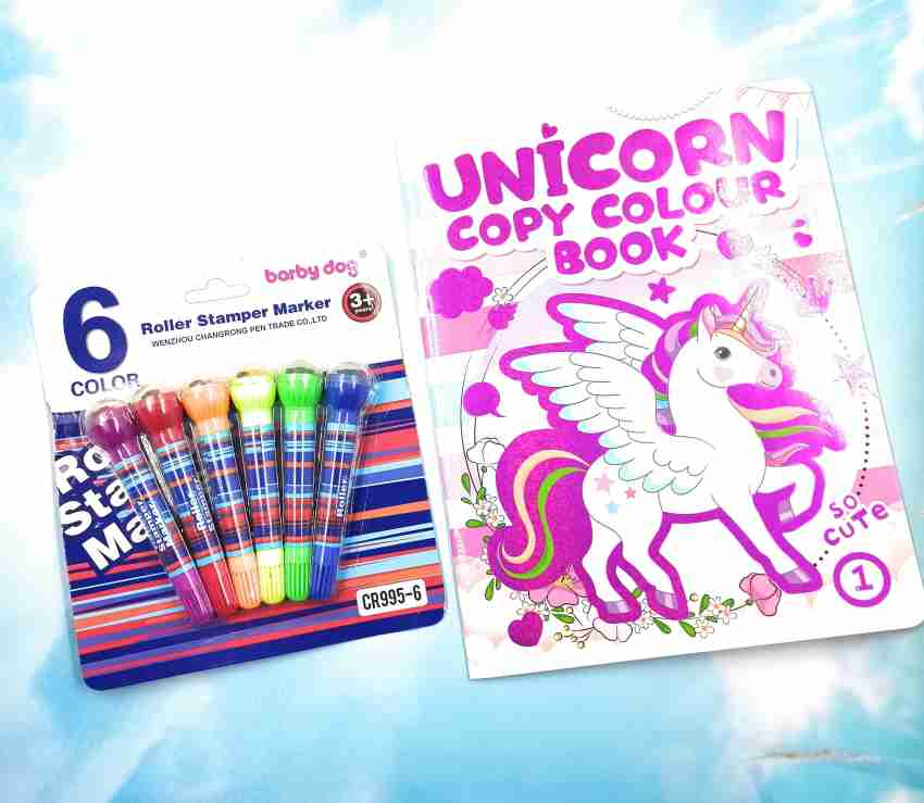 Idyllic unicorn d color book part with unicorn rollers markers pcs