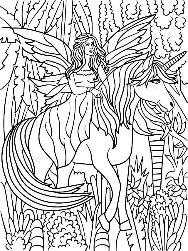 Fairy riding unicorn coloring page for adults magical line colouring page vector unicorn drawing fairy drawing ring drawing png and vector with transparent background for free download