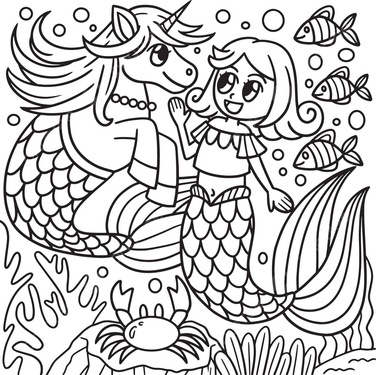 Mermaid with unicorn coloring page for kids beautiful girl sea vector unicorn drawing mermaid drawing girl drawing png and vector with transparent background for free download