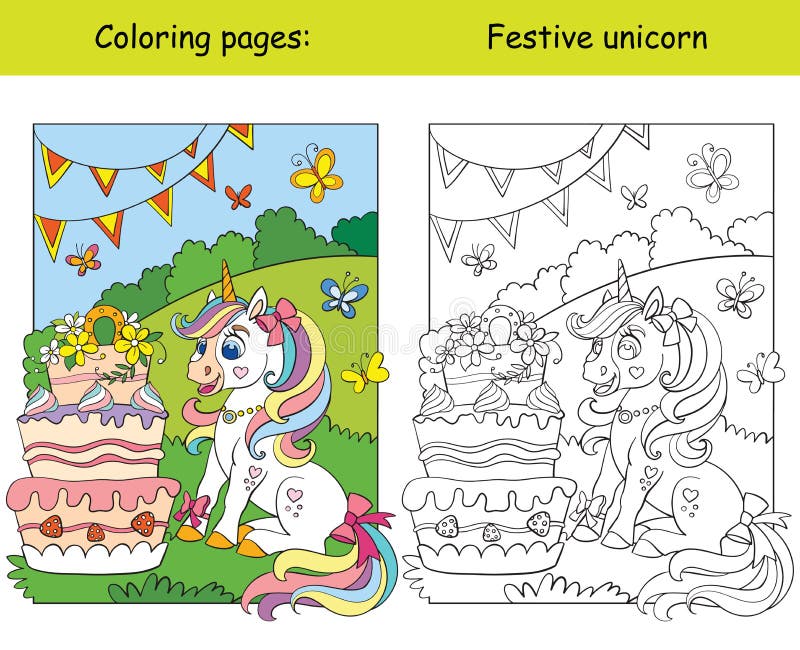 Cute unicorn celebrating a birthday coloring book stock vector