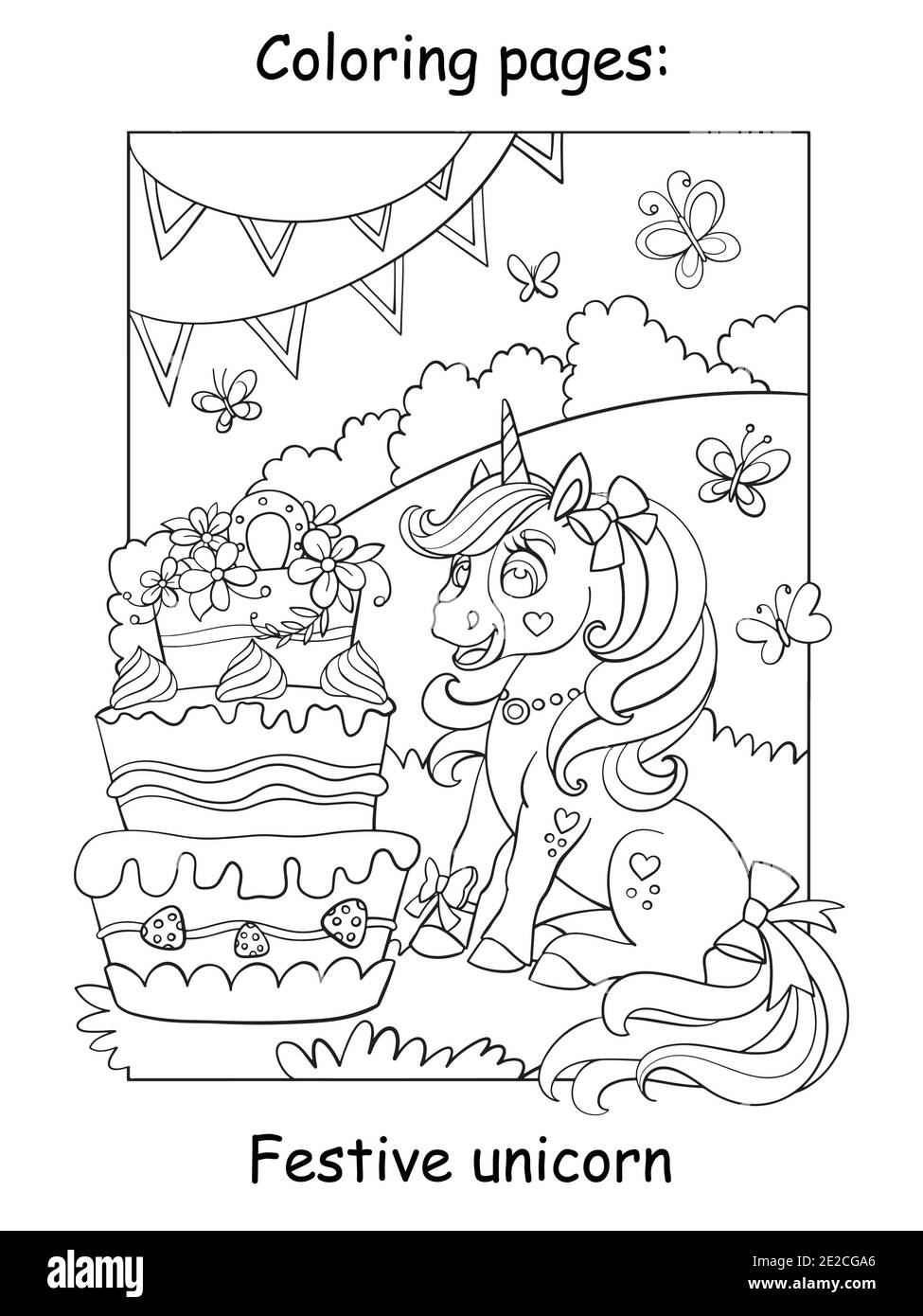 Cute unicorn celebrating a birthday on meadow with big cake coloring book page vector cartoon illustration isolated on white background for colorin stock vector image art