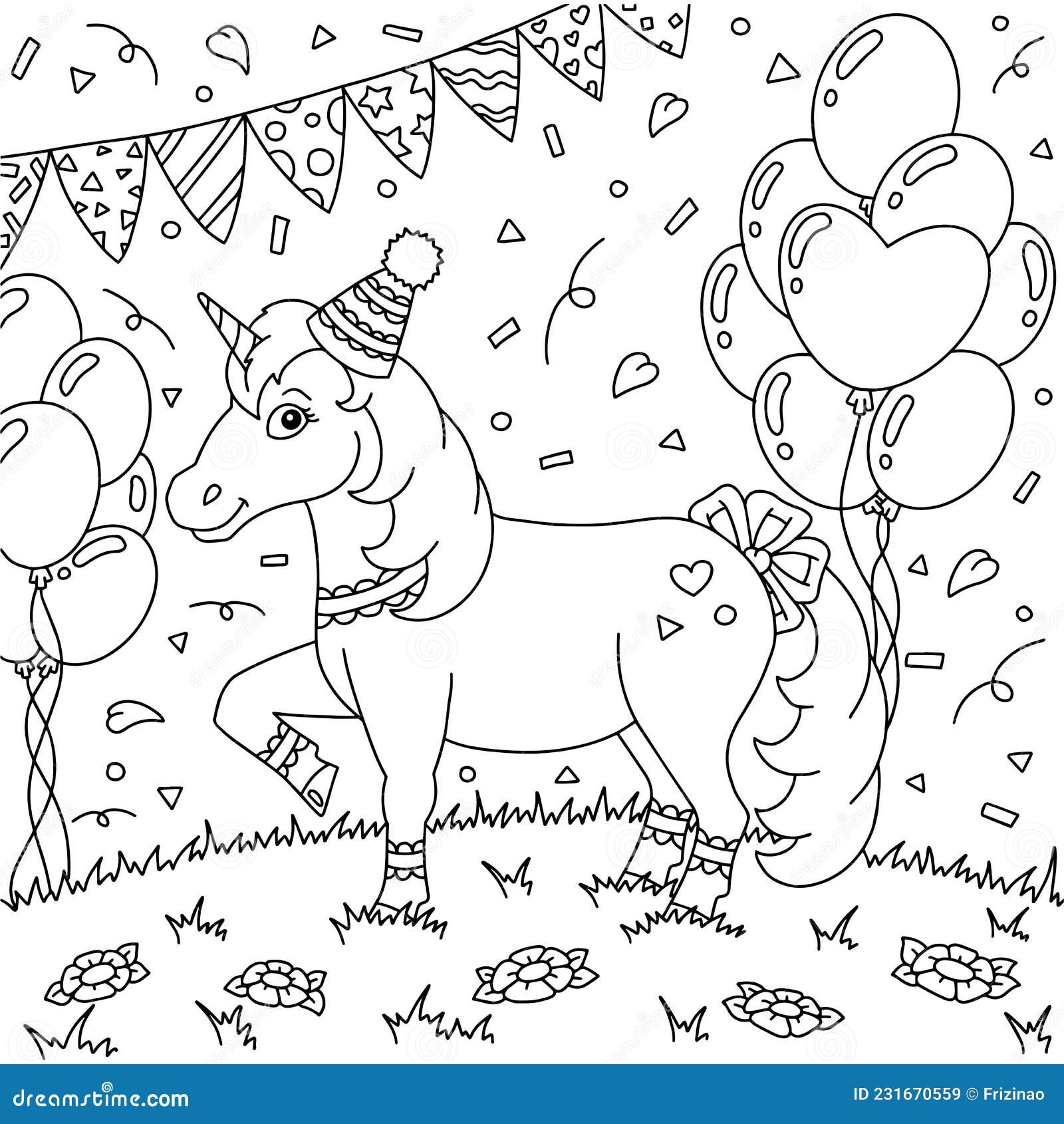 A funny unicorn in a party hat having fun on a birthday party cute horse coloring book page for kids cartoon style stock vector