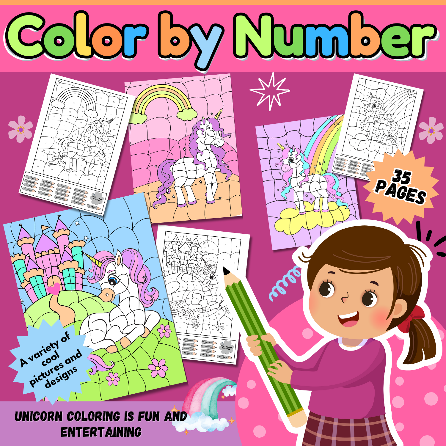 Variety of unicorn color by number pages for kids made by teachers