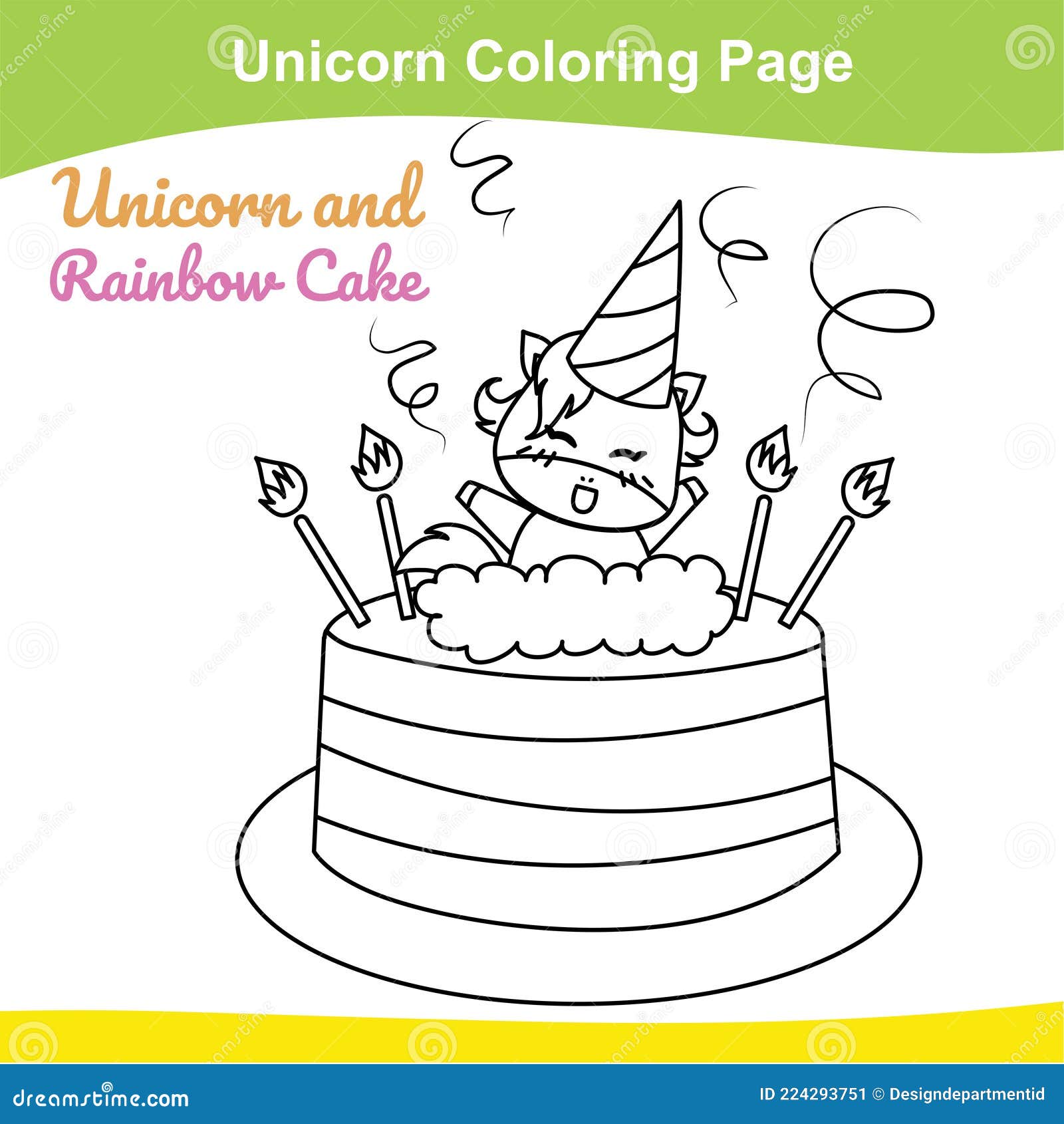 Unicorn coloring worksheet page coloring unicorn and rainbow cake worksheet page stock vector