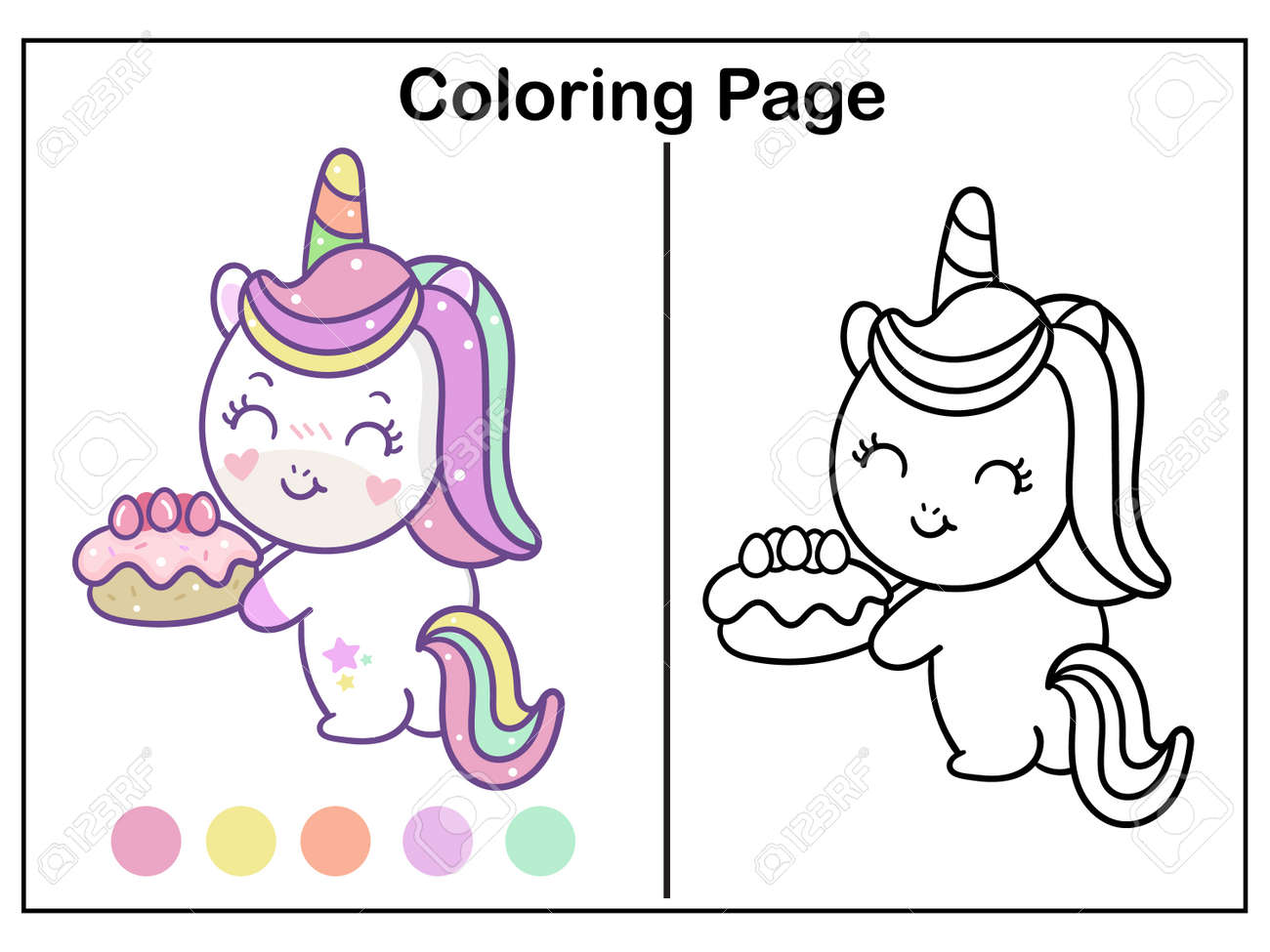 Coloring book pages cute unicorn cartoon with birthday cake kawaii vector animal horn horse fairytale illustration series worksheet pony child girly doodle illustration isolated on white background royalty free svg cliparts vectors