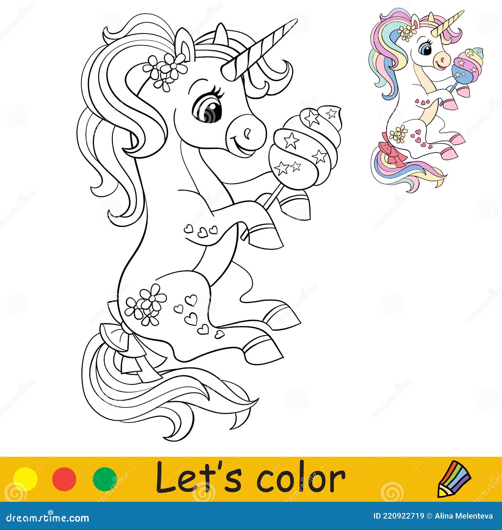 Cartoon cute sitting unicorn with cotton candy coloring stock vector