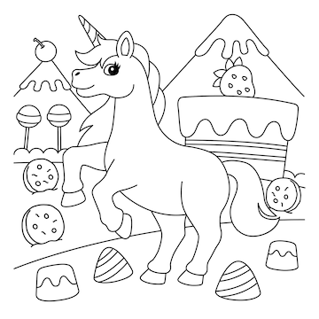 Premium vector unicorn candy land coloring page pony coloring child candies cakes cookies cute fantasy m