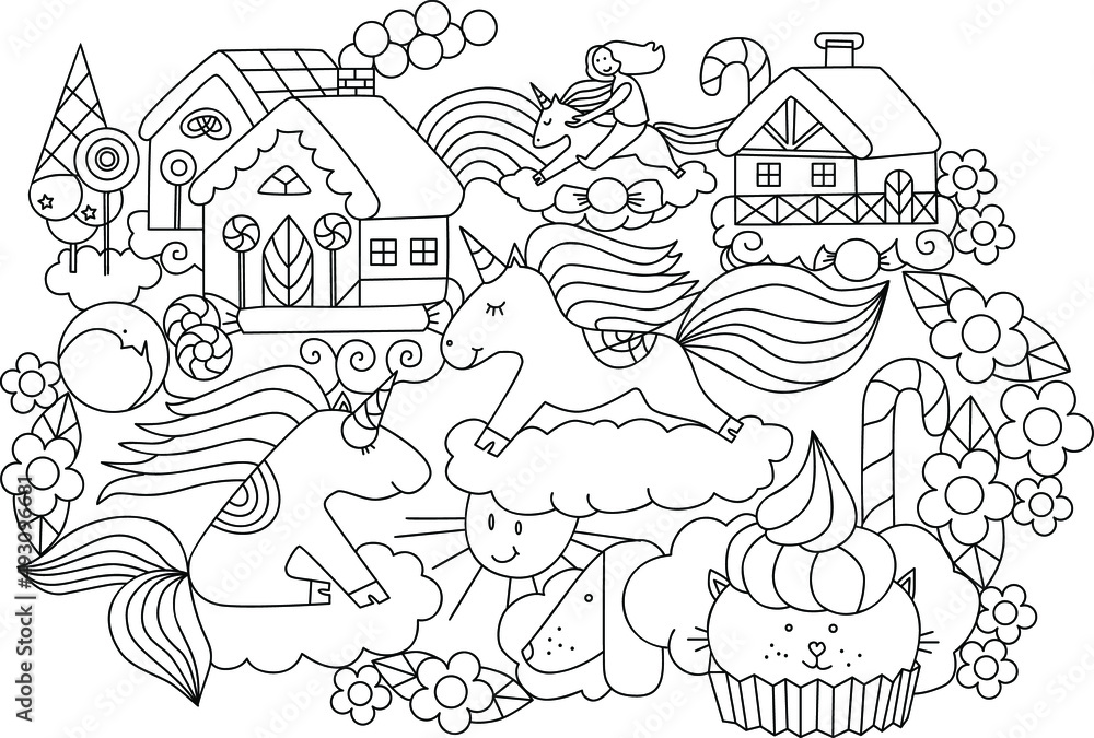 Coloring page with unicorns in sky sweet home lollipops and candy city on clouds colouring book worksheet for kids vector