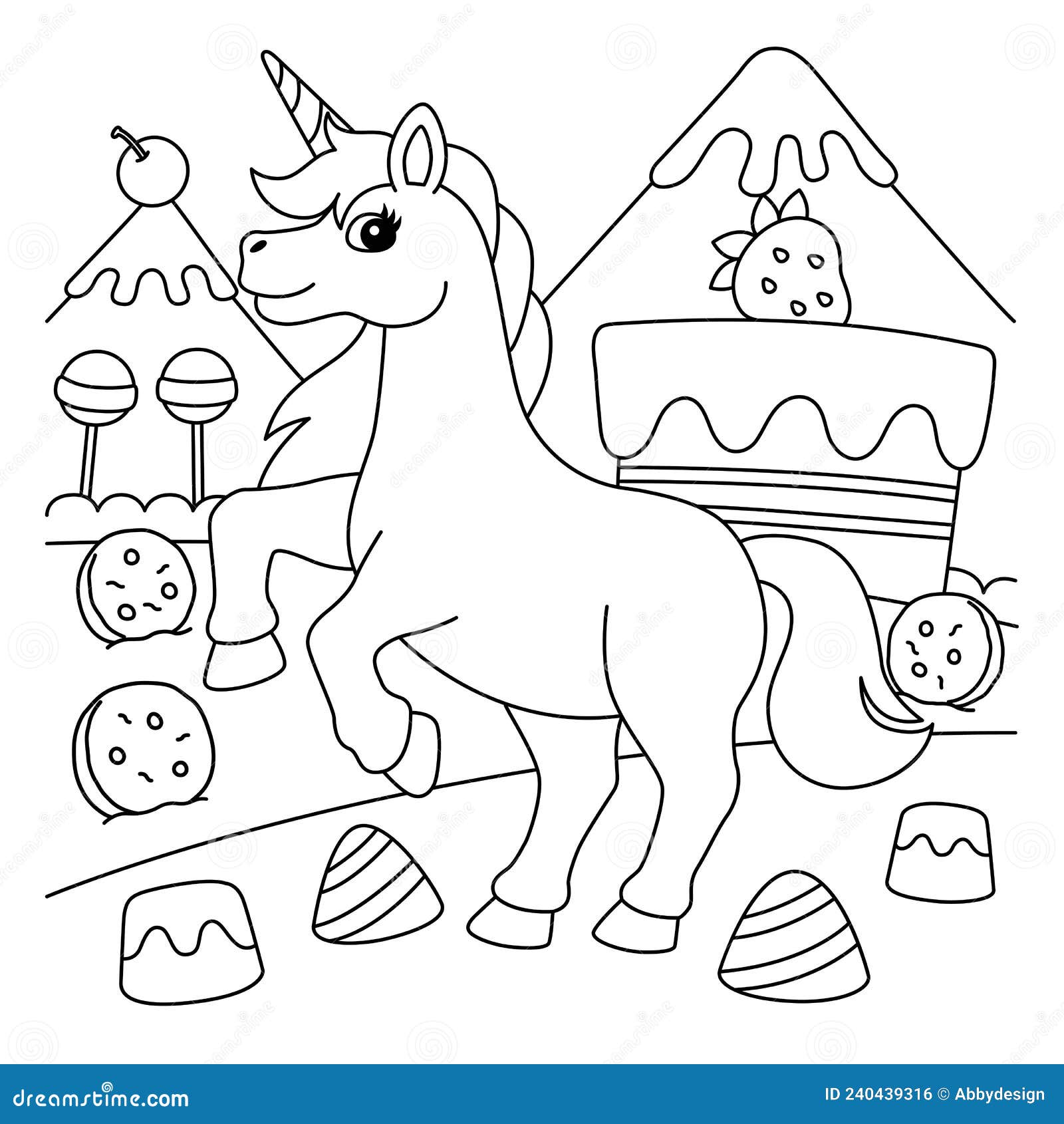 Unicorn in candy land coloring page for kids stock vector
