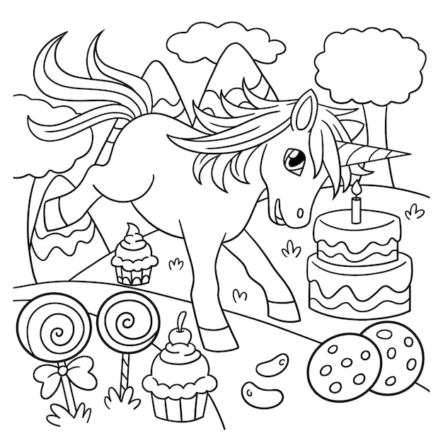 Premium vector unicorn in candy land coloring page for kids