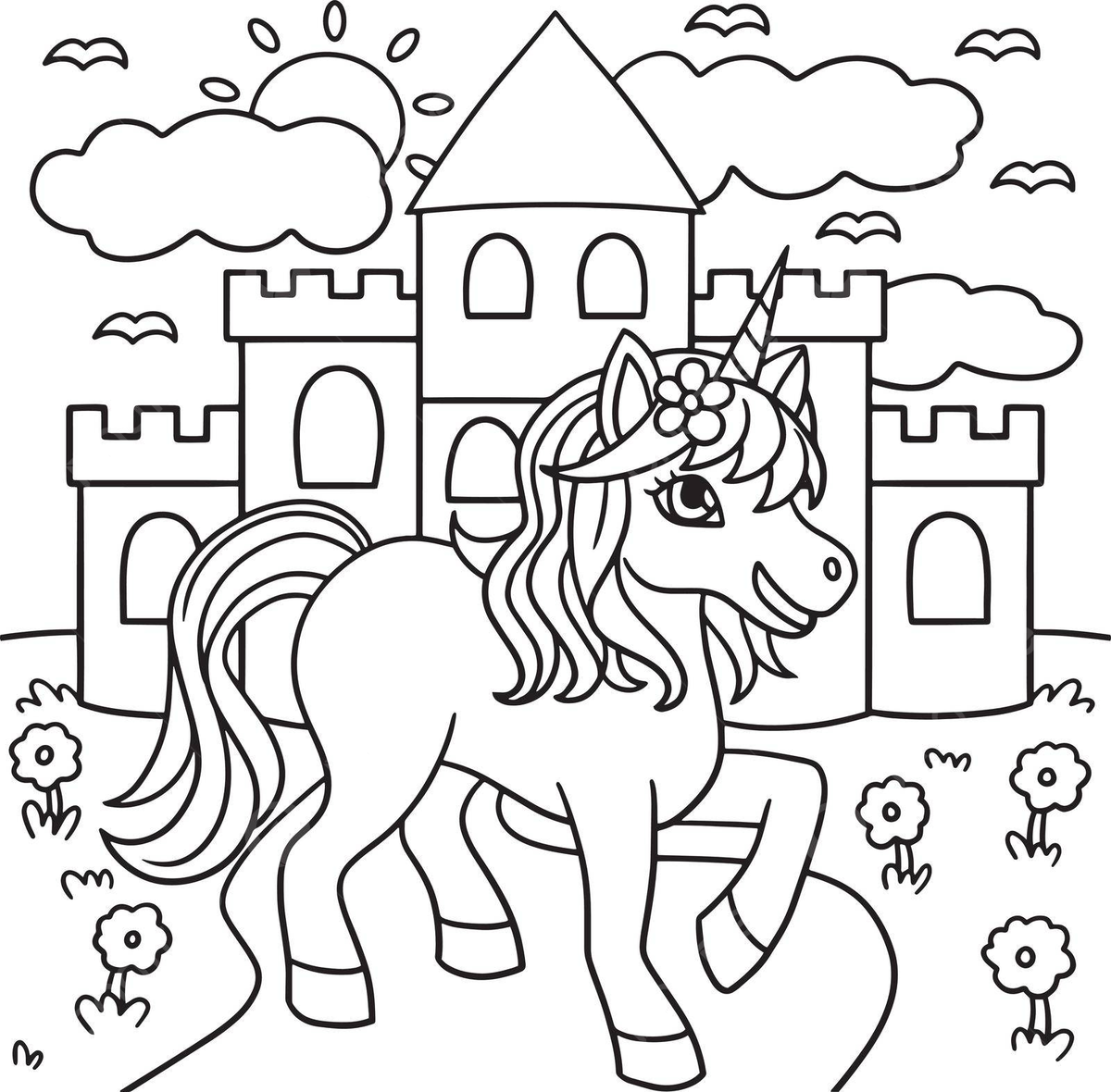 Unicorn castle coloring page for kids fantasy hand drawn colour vector fantasy hand drawn colour png and vector with transparent background for free download