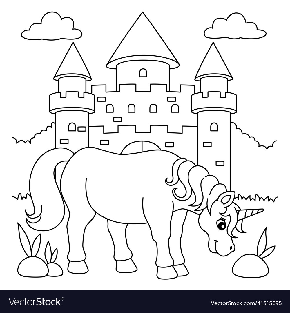Unicorn castle coloring page for kids royalty free vector