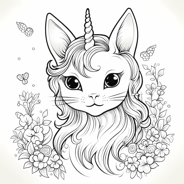 Premium ai image magical feline fantasy realistic unicorn cat coloring page