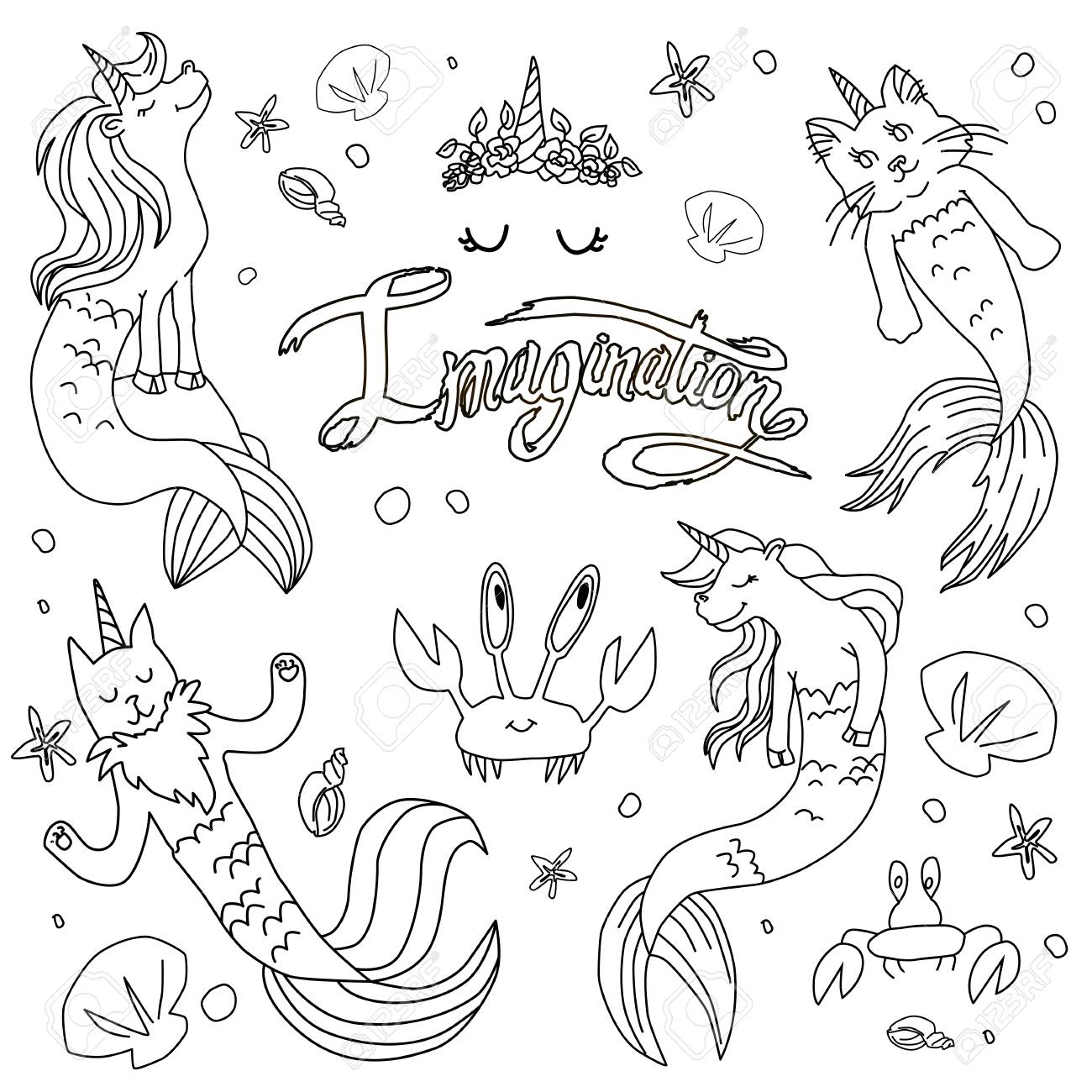 Caticorns and unicorns mermaid vector illustration coloring page for kids royalty free svg cliparts vectors and stock illustration image