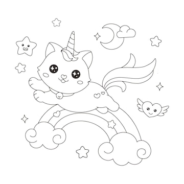 Premium vector caticorn cat unicorn flaying over the rainbow coloring illustration
