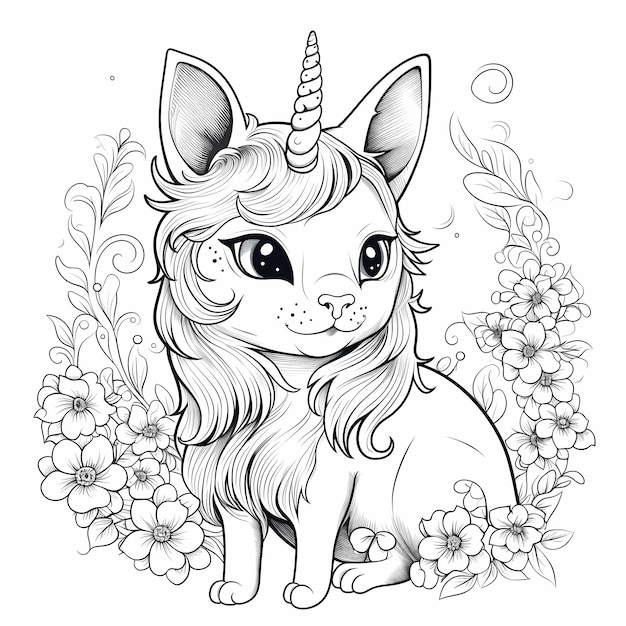 Premium ai image magical feline fantasy realistic unicorn cat coloring page
