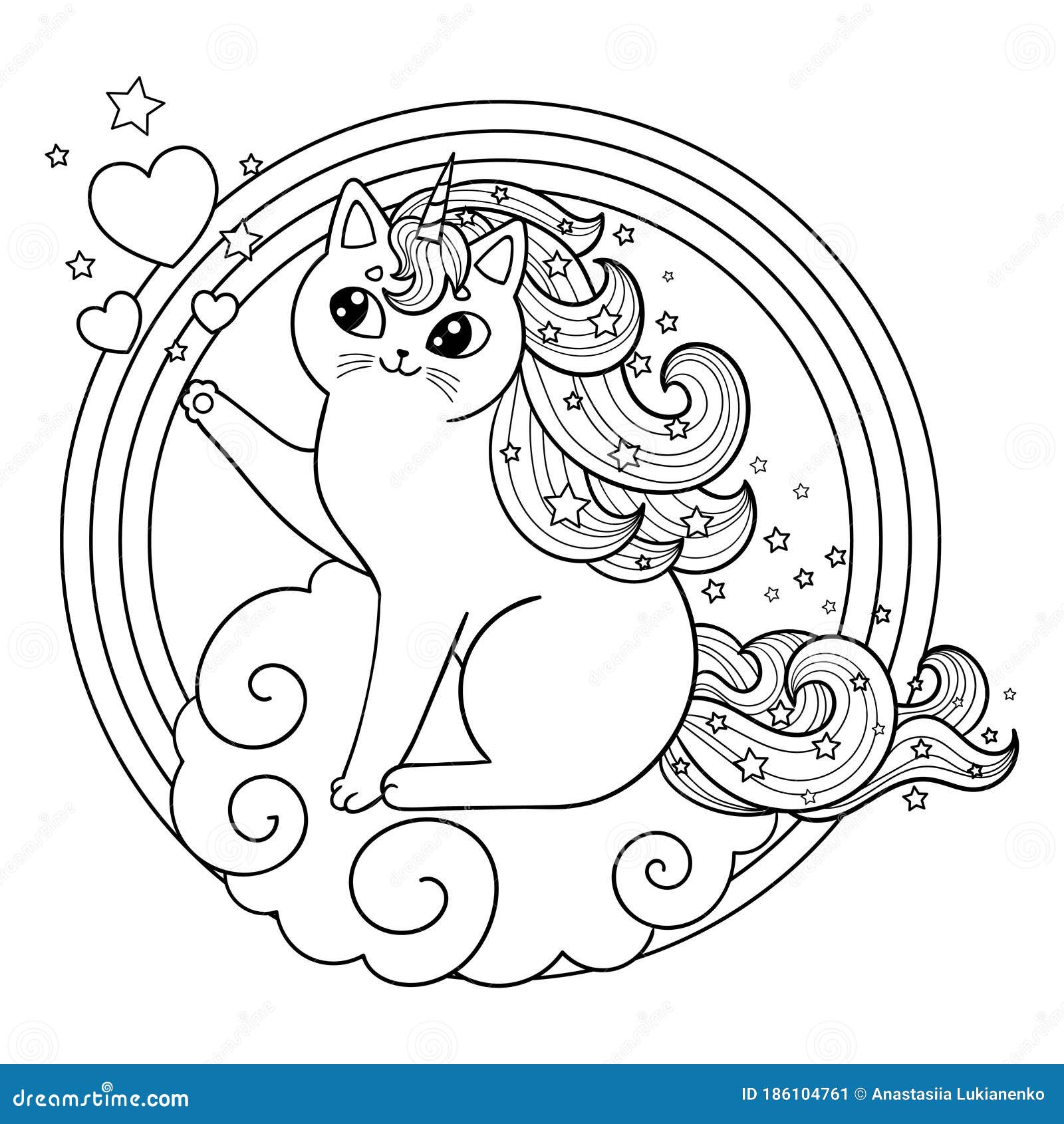 Unicorn cat on a cloud in a round frame cute kitten with mane and horn black outline coloring book clip art vector stock vector