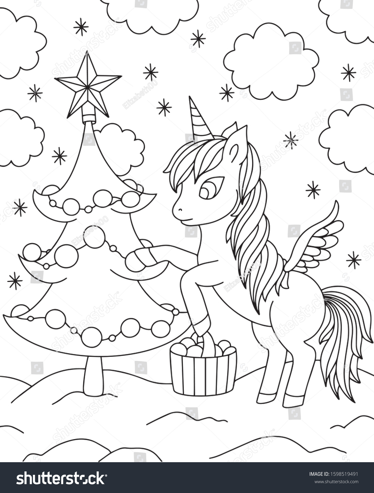 Merry christmas unicorn coloring hand drawn stock vector royalty free