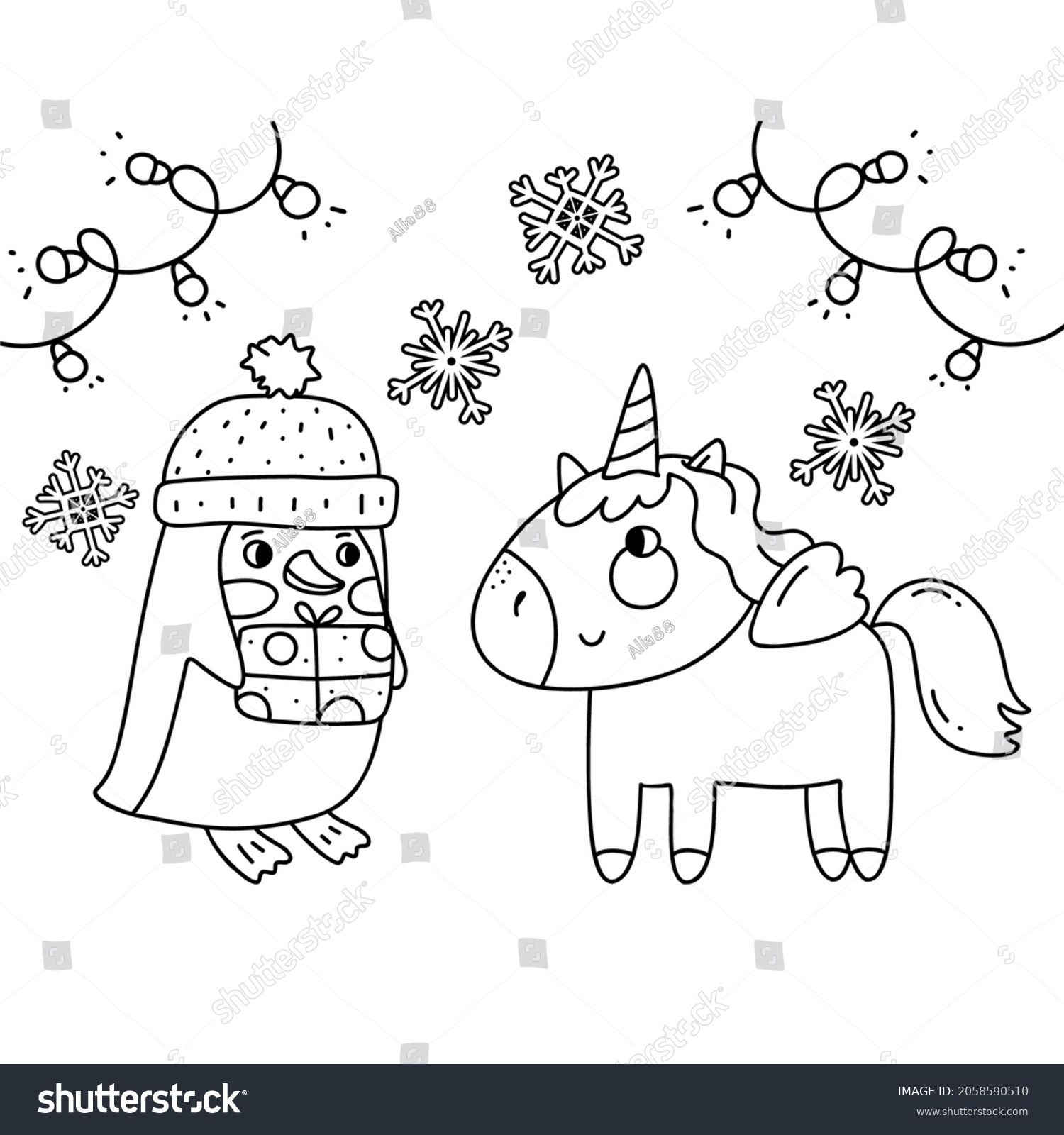 Hakuun christmas coloring book page unicorn penguin liittyvã vektorikuva rojaltivapaa