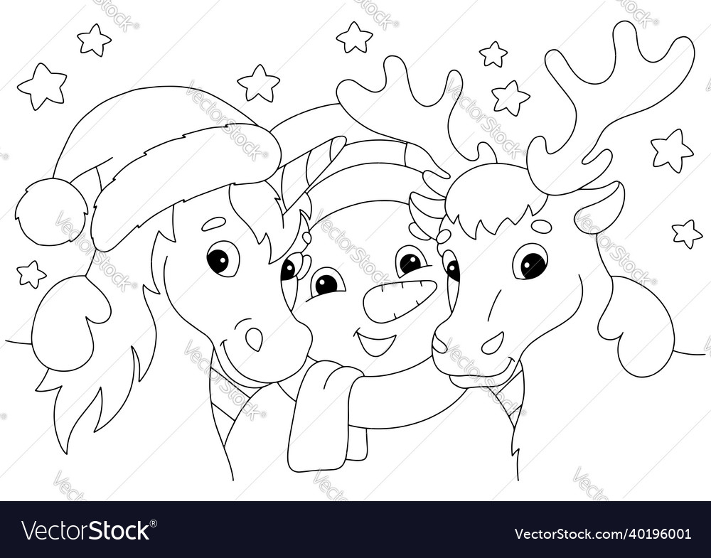 Unicorn deer and snowman for christmas coloring vector image
