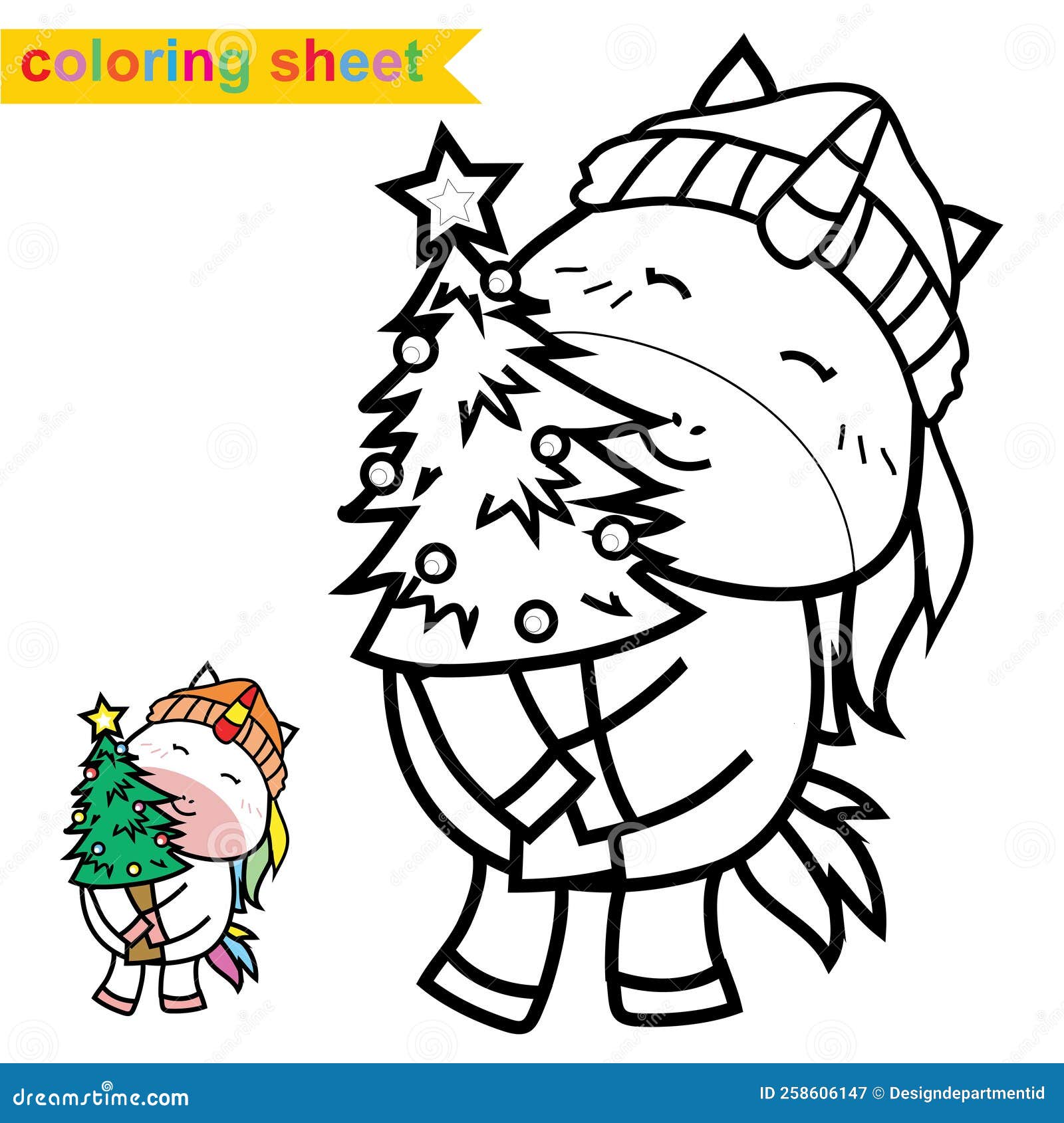 Coloring page cute unicorn christmas edition printable unicorn christmas coloring page for toddlers stock vector