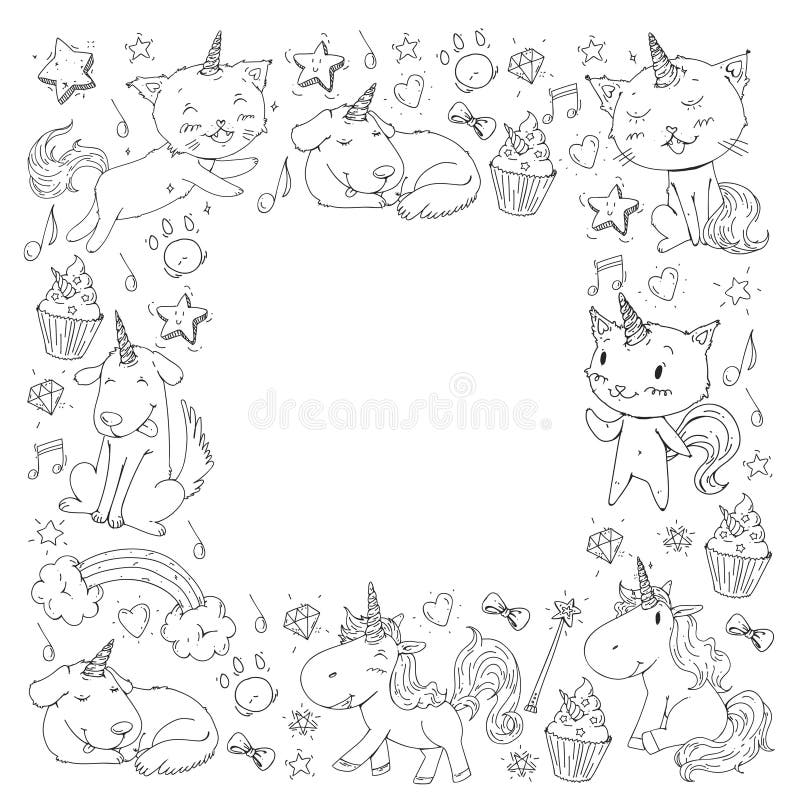 Unicorn cats dog horse pony vector image coloring page for children book kindergarten background for banners stock vector