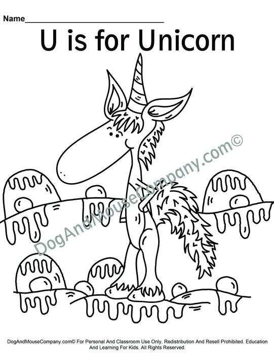 U is for unicorn coloring page learn your abcs worksheet printabl â dog and mouse pany