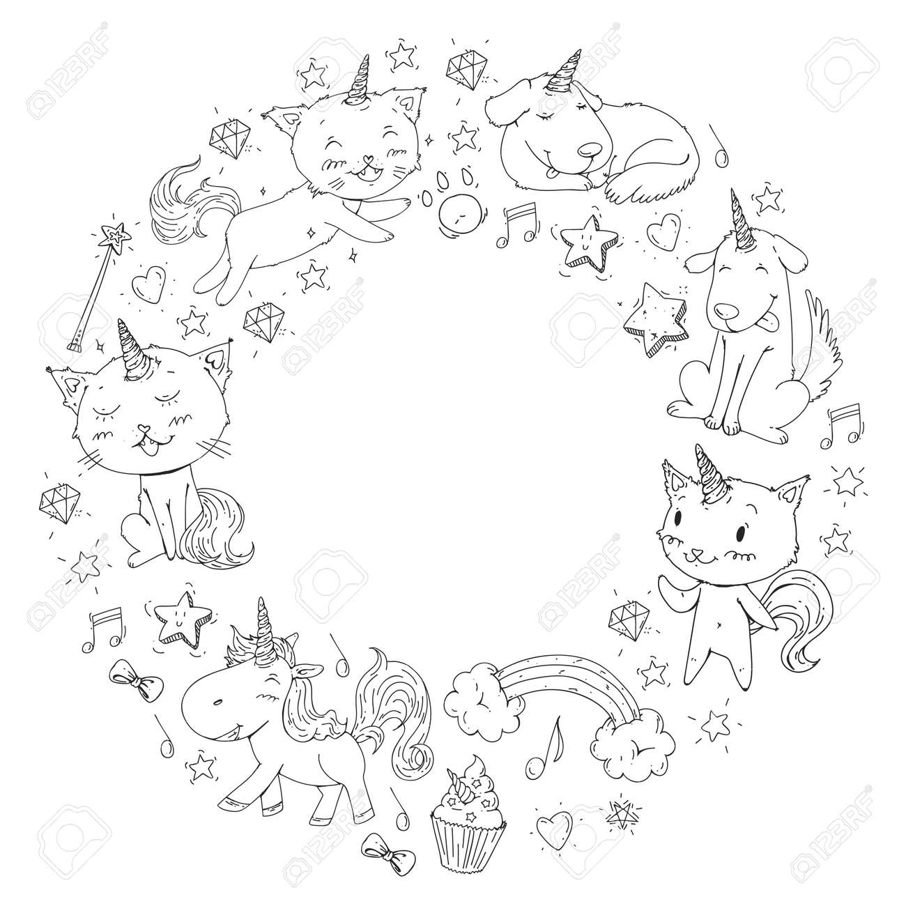 Unicorn cats dog horse pony coloring page for children kindergarten background for banners clothing posters royalty free svg cliparts vectors and stock illustration image