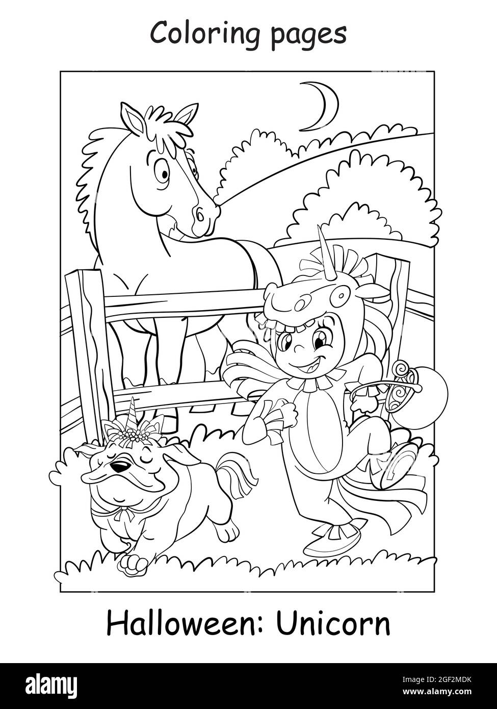 Vector coloring page girl with a dog in unicorn costumes and surprised horse halloween concept cartoon contour isolated illustration coloring book stock vector image art