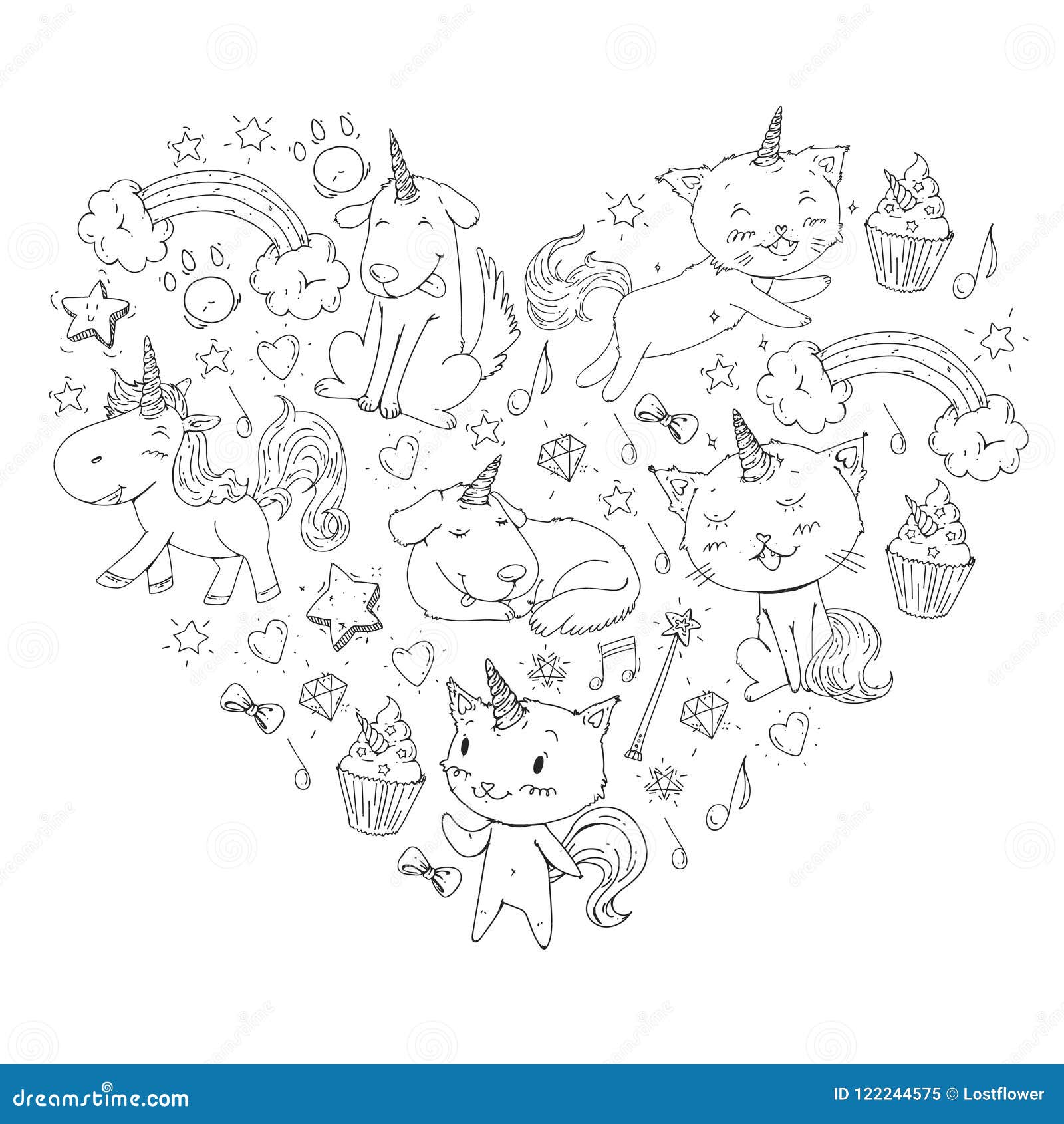 Unicorn cats dog horse pony vector image coloring page for children book kindergarten background for banners stock vector