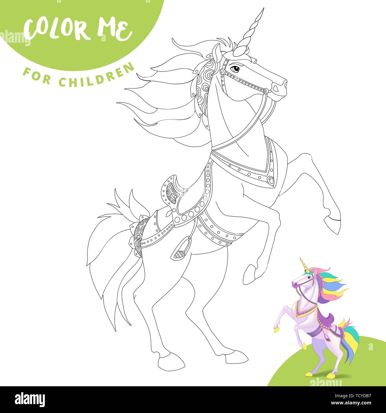 Coloring page with realistic cartoon unicorn beautiful unicorn for children education materials stock vector image art