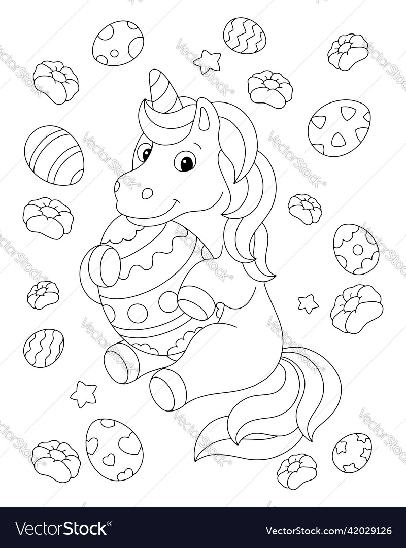 Unicorn and easter coloring book page for kids vector image