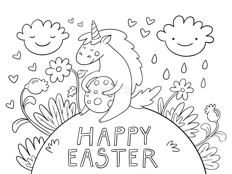 Happy easter unicorn illustration cute cartoon coloring page stock illustration