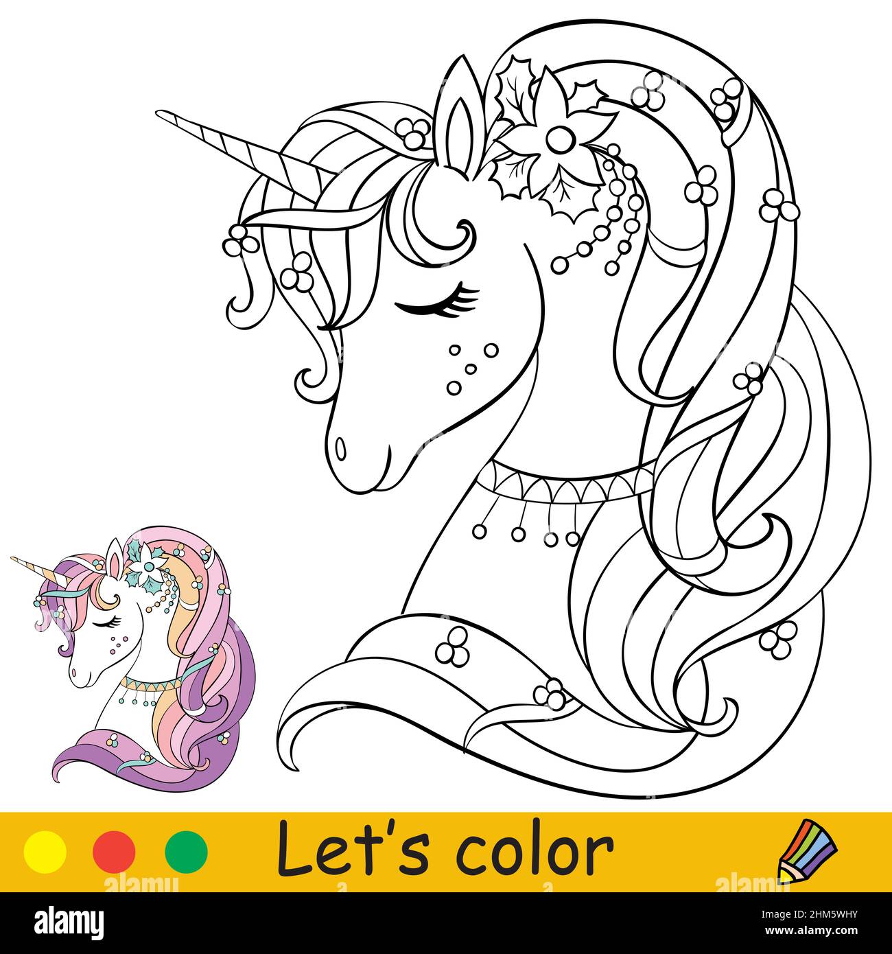 Cute unicorn head with flower coloring book page with color template vector cartoon illustration for kids coloring card print design decor and stock vector image art