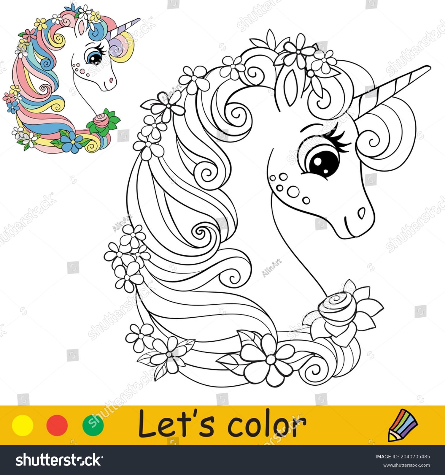 Cute head unicorn flowers coloring book stock vector royalty free