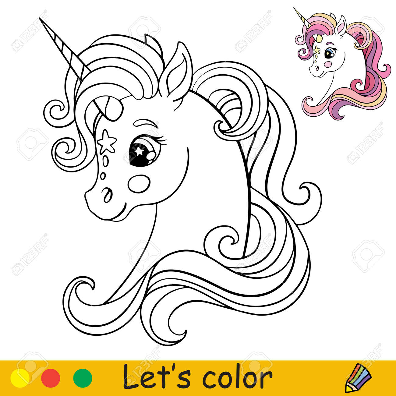 Head of cute of unicorn in profile coloring book page with colorful template vector cartoon isolated illustration for coloring book education print game party design decor and apparel royalty free svg cliparts